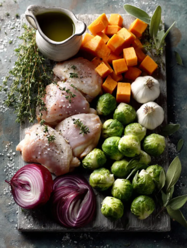 Flat lay of raw autumn ingredients including chicken, Brussels sprouts, sweet potatoes, apples, onion, garlic, and fresh herbs on marble.