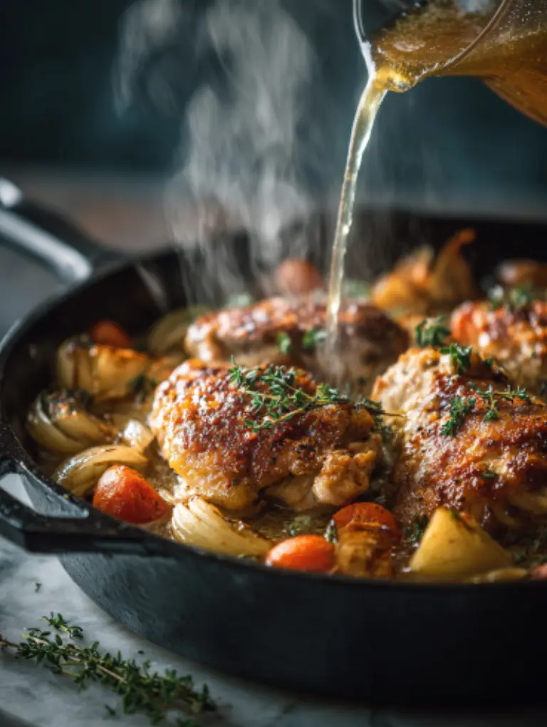 Cast iron skillet with chicken searing golden brown while vegetables caramelize and apple cider is poured in.
