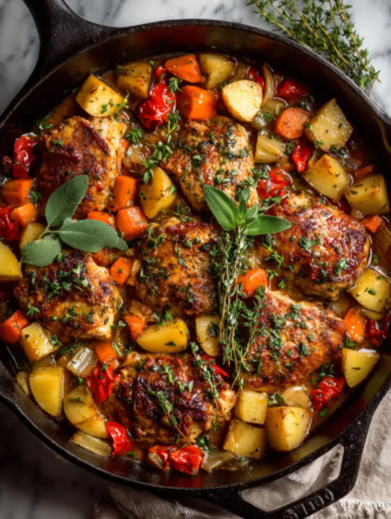 Finished autumn harvest chicken skillet garnished with thyme and sage, served in cast iron pan on marble.