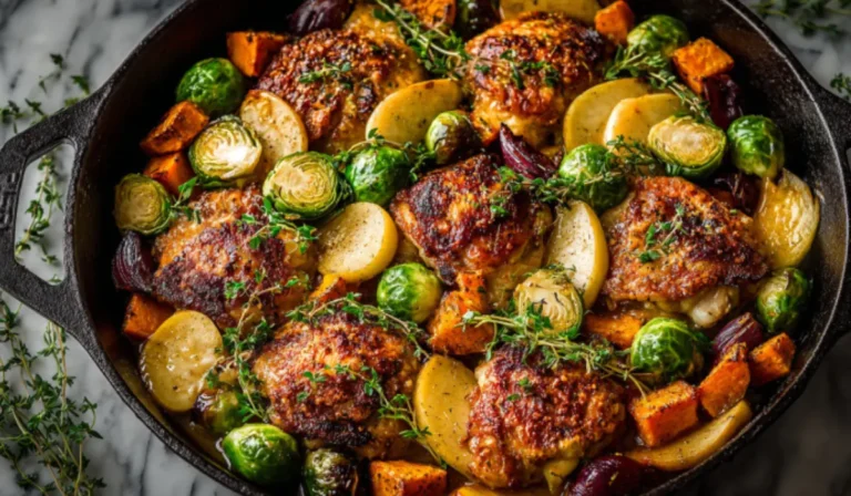 Juicy chicken thighs with Brussels sprouts, sweet potatoes, apples, and herbs in a cast iron skillet on a marble surface.