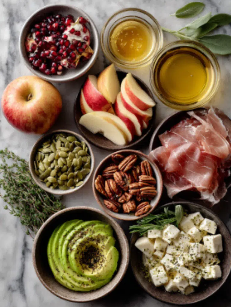 Flat lay of Honeycrisp apples, avocado, feta, pomegranate, pecans, pumpkin seeds, prosciutto, olive oil, vinegar, and fresh herbs on marble.