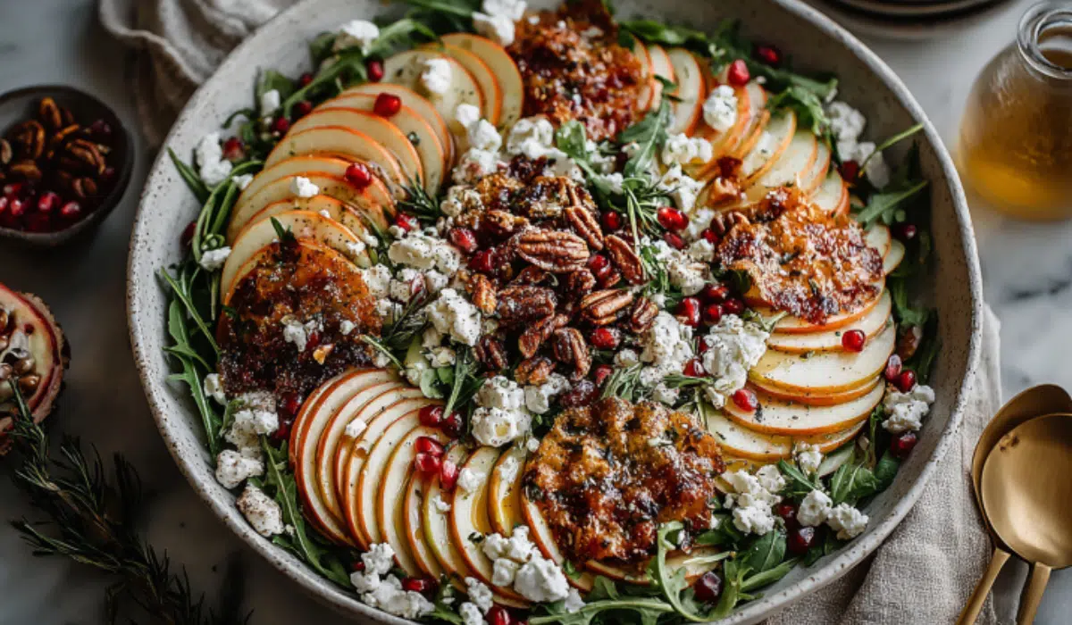 Autumn Harvest Honeycrisp Apple and Feta Salad with arugula, pomegranate, toasted pecans, and apple cider vinaigrette on a marble surface.