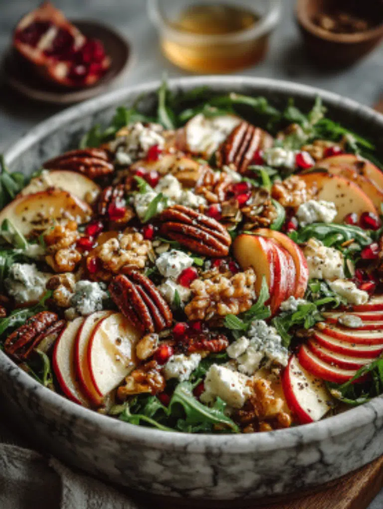 Autumn dinner table with Honeycrisp apple and feta salad served alongside bread, candles, and fall decorations.