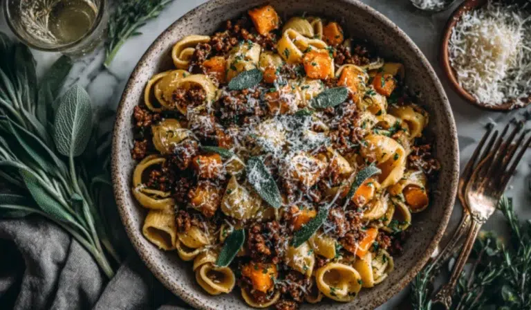 Autumn Sausage Pasta with Butternut Squash Cozy autumn sausage pasta with roasted butternut squash served in a bowl on marble, steam rising.