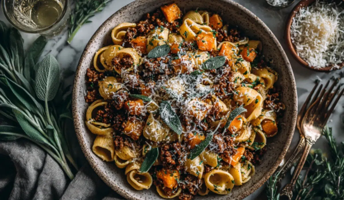 Autumn Sausage Pasta with Butternut Squash Cozy autumn sausage pasta with roasted butternut squash served in a bowl on marble, steam rising.