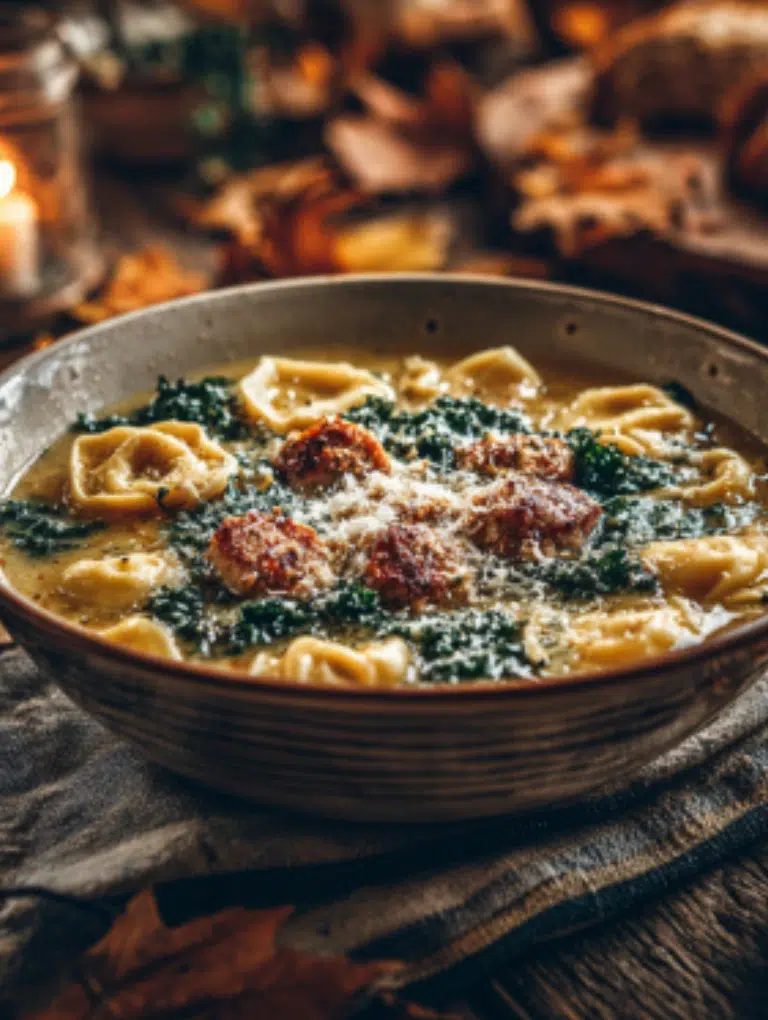 Autumn dinner table with steaming tortellini soup served alongside crusty bread, apple walnut salad, and roasted vegetables, styled with cozy fall décor.