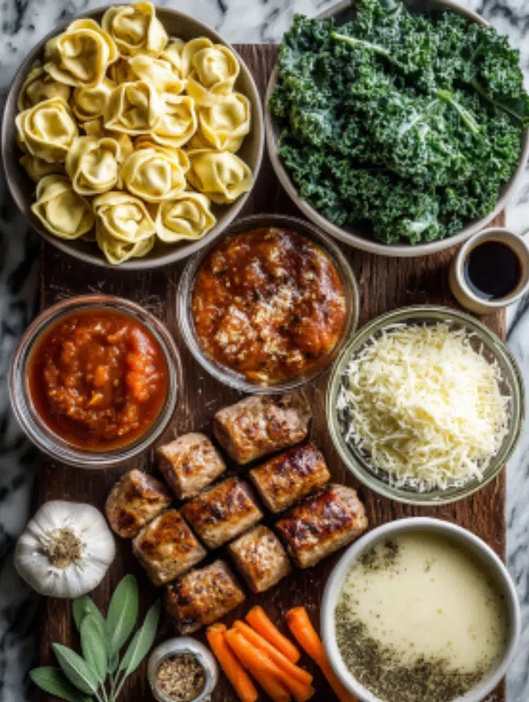 Fresh ingredients for autumn tortellini soup displayed on a marble surface, including tortellini, Italian sausage, kale, carrots, onion, celery, garlic, sage, nutmeg, chicken broth, tomato sauce, and Parmesan.