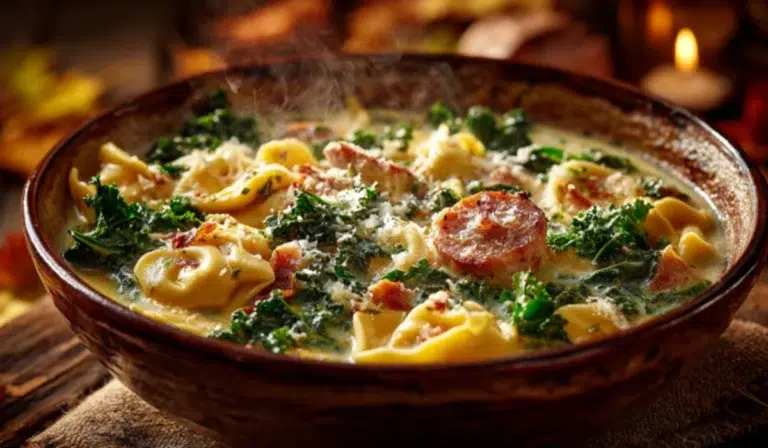 Cozy autumn tortellini soup with sausage in a creamy broth, garnished with Parmesan and served in a rustic bowl on a fall-inspired table.