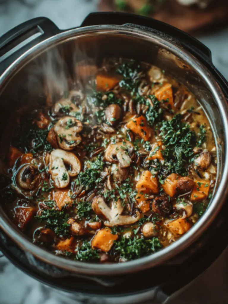 Instant Pot filled with creamy wild rice soup with vegetables and kale.