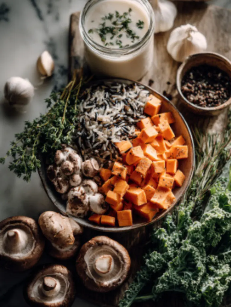Flatlay of wild rice, mushrooms, sweet potato, kale, garlic, and coconut milk on a marble surface.