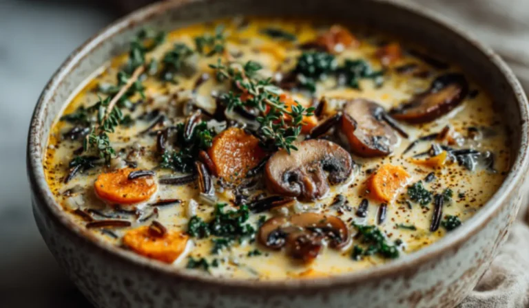 Bowl of creamy autumn wild rice soup with mushrooms, sweet potato, kale, and wild rice on a marble surface.