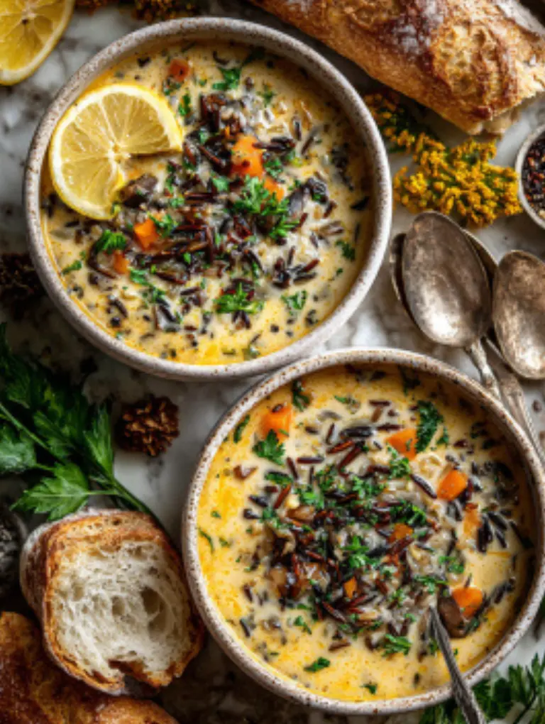 Two bowls of autumn wild rice soup with lemon wedges and crusty bread on a marble table.