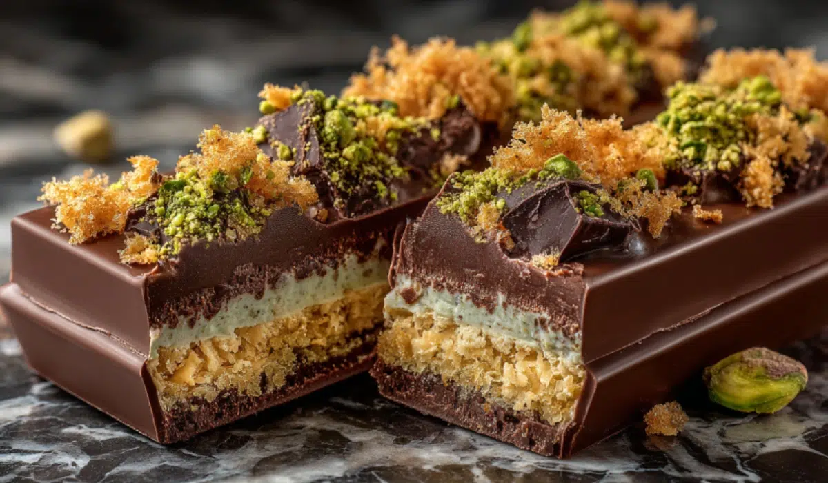 Bake Master Dubai Chocolate Recipe Glossy Bake Master Dubai Chocolate bar cracked open on marble, showing layers of pistachio cream, tahini, and golden kataifi crunch.