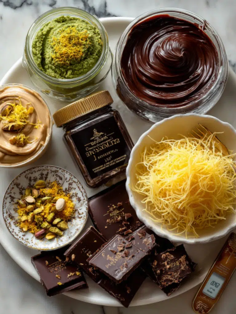 Flat lay of Bake Master Dubai Chocolate ingredients on marble, including pistachio paste, tahini, kataifi, couverture chocolate, citrus zest, and professional chocolate-making tools.