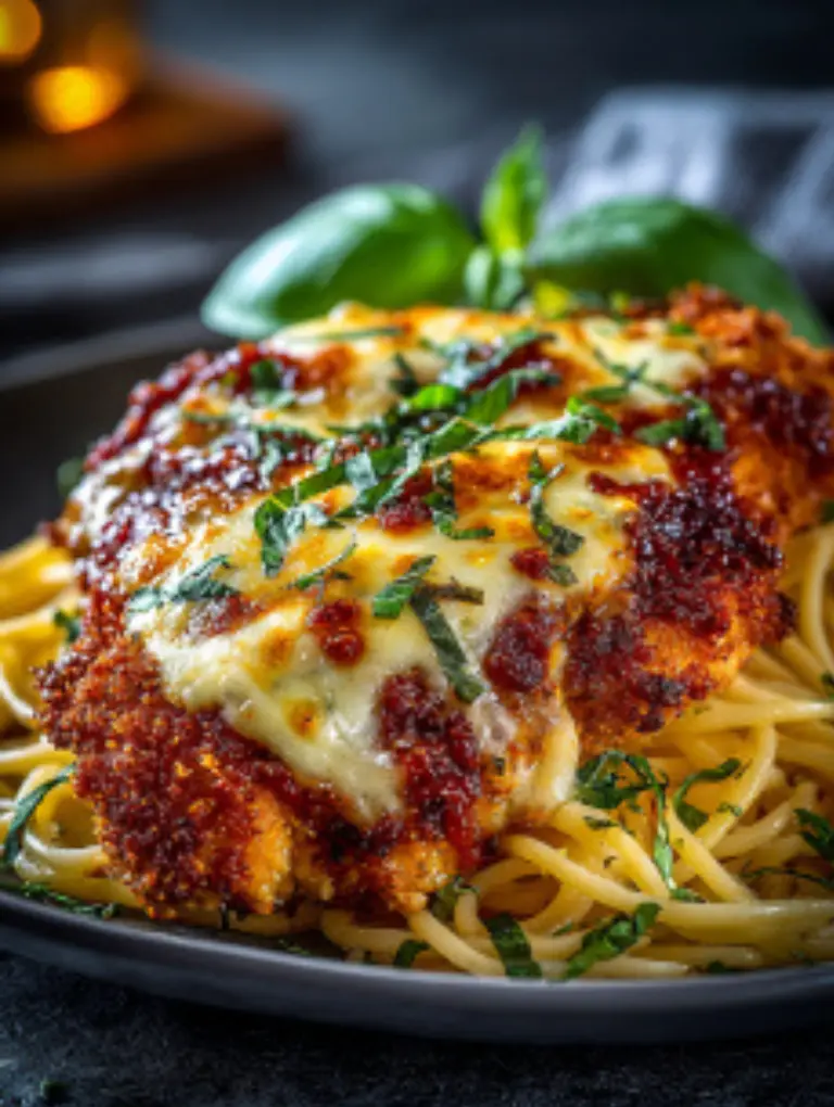 Three plated versions of baked chicken parmesan with spaghetti, zucchini noodles, and roasted vegetables.