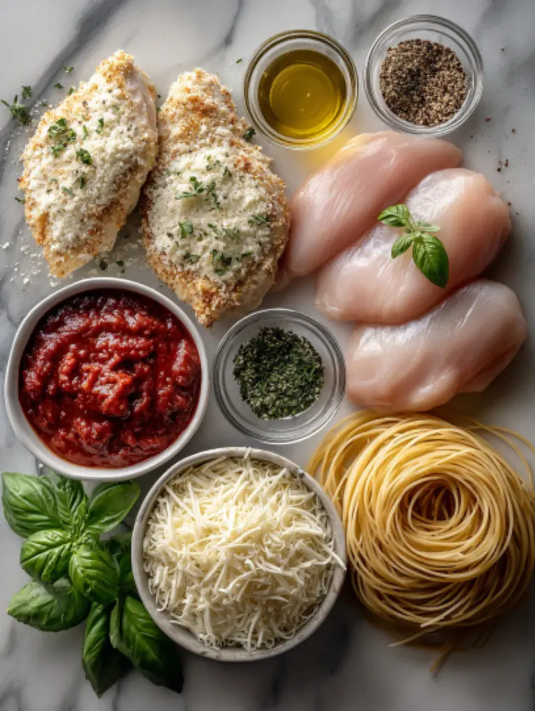 Flat lay of chicken parmesan ingredients on marble: chicken cutlets, breadcrumbs, cheese, marinara, and spaghetti.