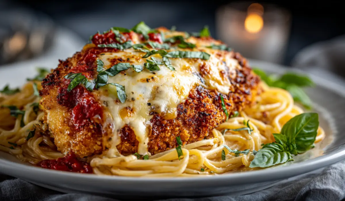 Golden baked chicken parmesan topped with melted mozzarella and marinara, served with spaghetti on a marble plate.