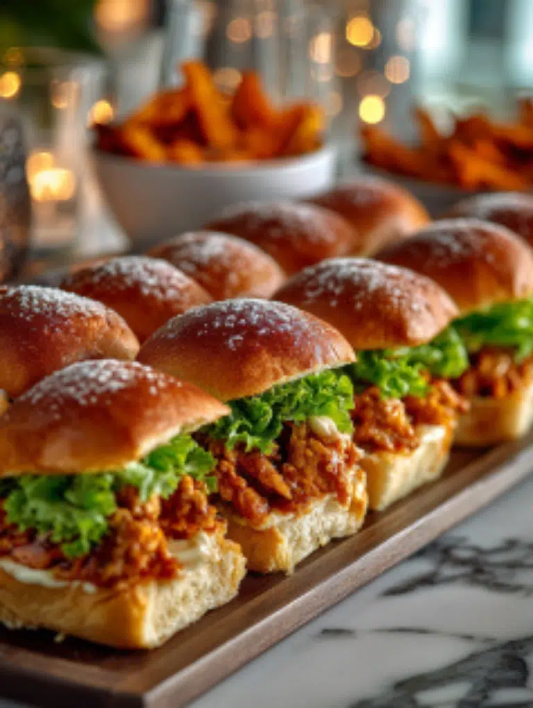 Platter of Bang Bang chicken sliders with lettuce and sauce served for game day.