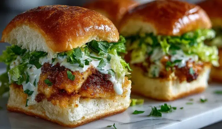Crispy Bang Bang chicken slider Recipe with sweet spicy sauce on Hawaiian roll, styled on marble surface.