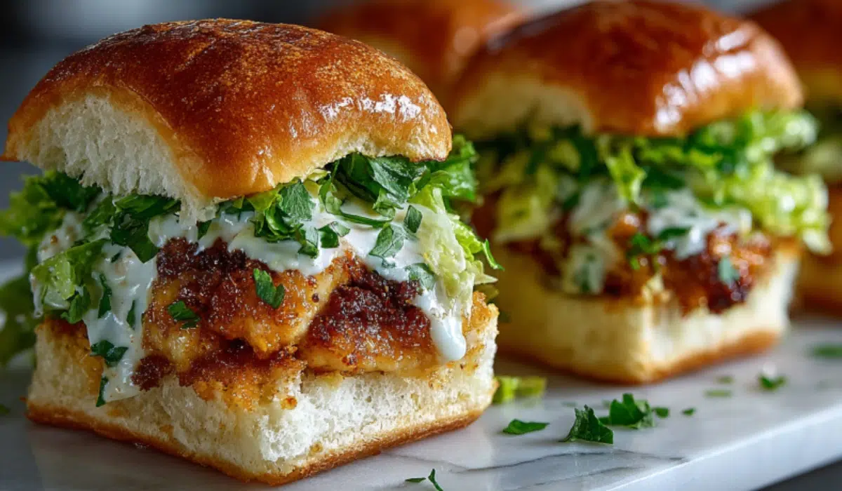Crispy Bang Bang chicken slider Recipe with sweet spicy sauce on Hawaiian roll, styled on marble surface.