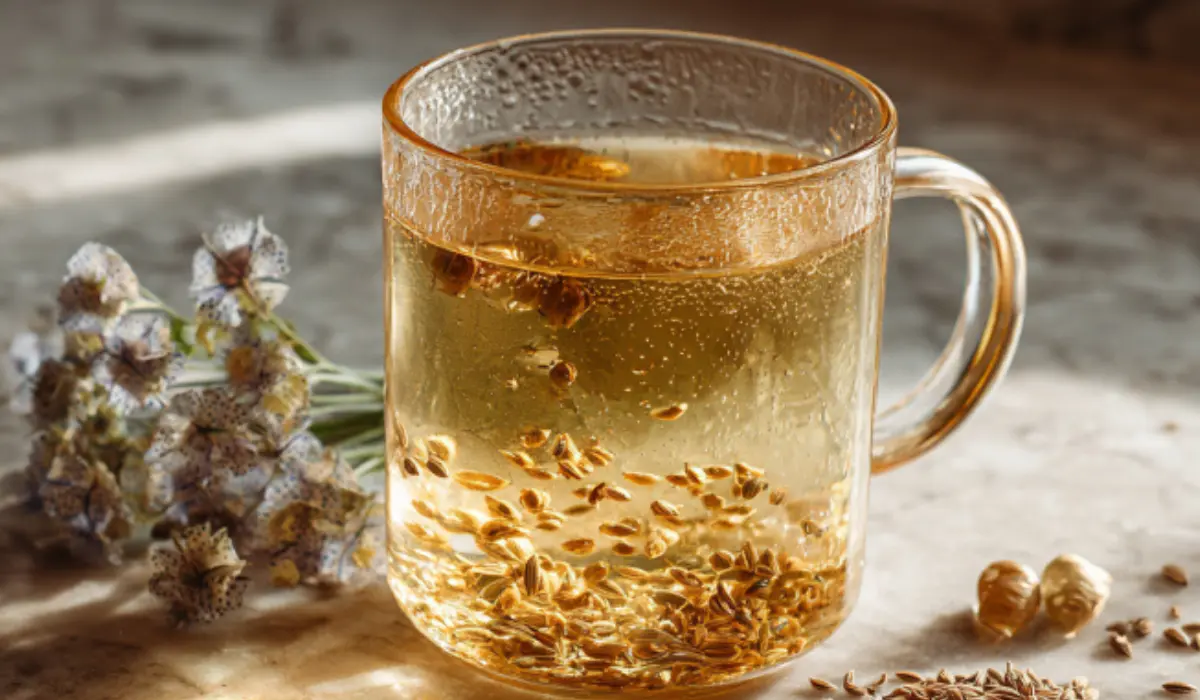 Bariatric Seed Trick A marble kitchen counter with a clear glass of golden seed tea and scattered cumin, fennel, and basil seeds.