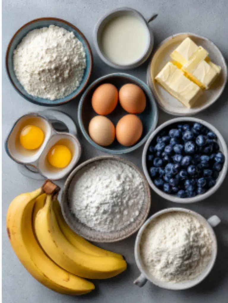 Flat lay of ingredients for banana blueberry muffins bananas, blueberries, flour, sugar, butter, and eggs on a gray countertop.