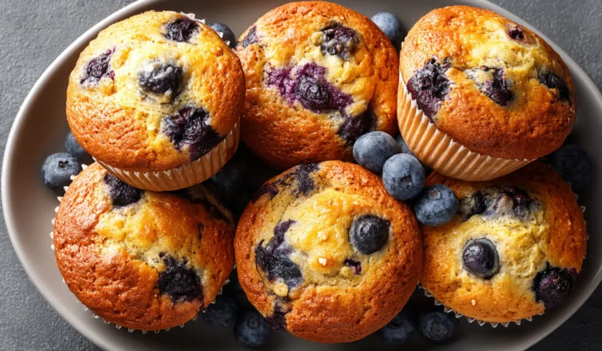 Freshly baked Banana Blueberry Muffins on a white plate, golden tops with juicy blueberries, on a gray kitchen countertop.
