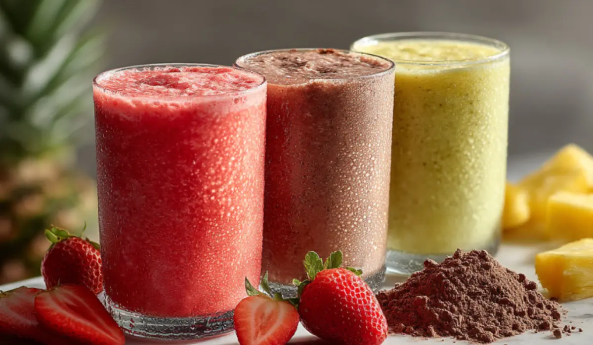 Smoothie King Copycat RecipesColorful homemade smoothies on a marble countertop with fresh fruits and protein ingredients.