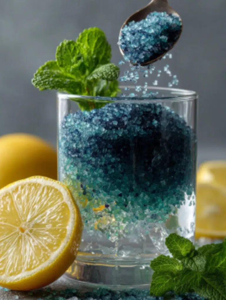 Blue Salt Trick Recipe for Hydration and Weight Loss
Hand stirring Persian blue salt crystals into a glass of water with lemon and mint.