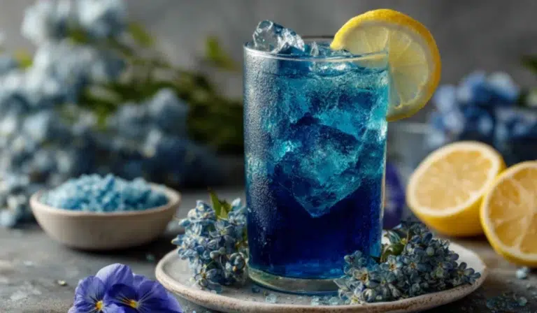 Blue Salt Trick Recipe for Men Bottle of faint blue salt water with lemon slice and Himalayan salt on a gray countertop, gym gear nearby.