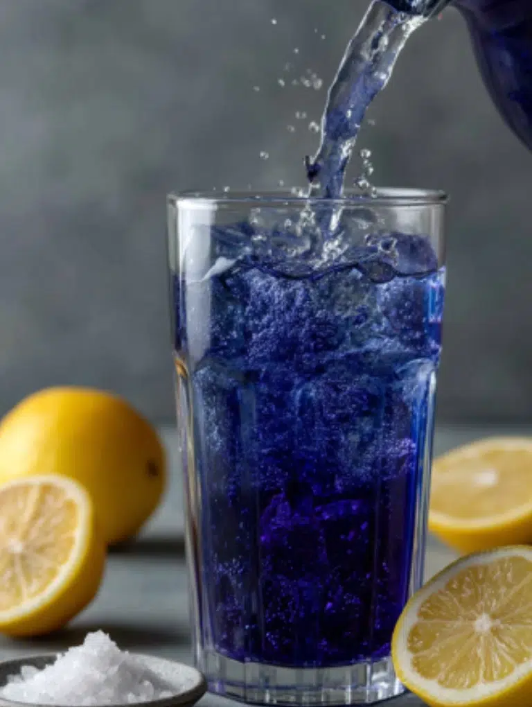 Blue salt trick drink with ice beside a water bottle, towel, and dumbbell on a gray countertop.