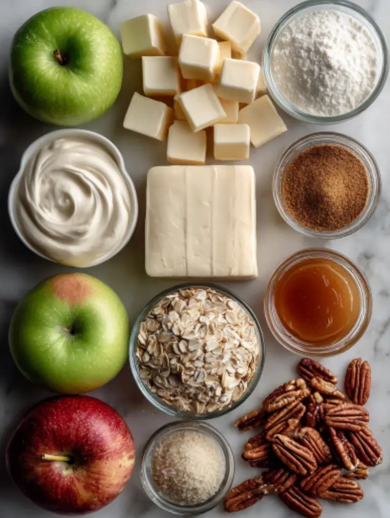 Flat lay of ingredients for Caramel Apple Cheesecake Bars including cream cheese, butter, apples, pecans, oats, brown sugar, and caramel sauce on marble.