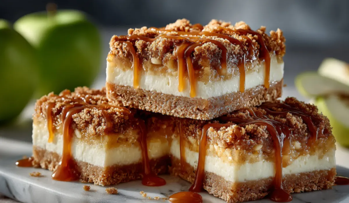 Caramel Apple Cheesecake Bars stacked on a marble surface with crumbly streusel topping and golden caramel drizzle.
