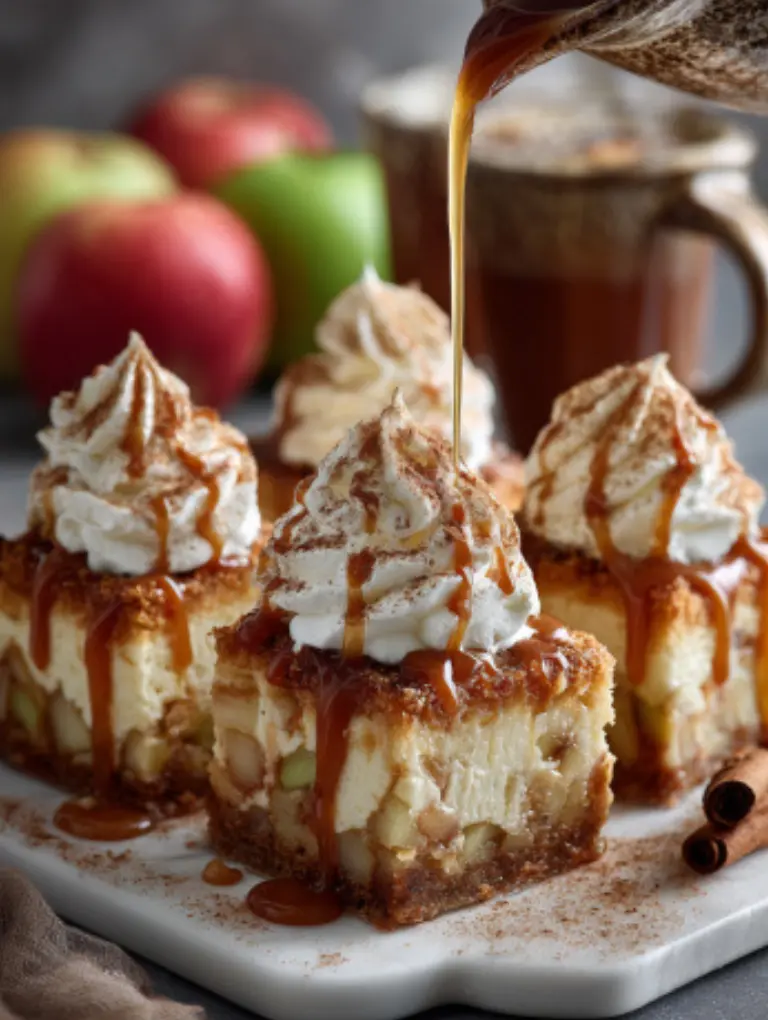 Caramel Apple Cheesecake Bars cut into neat squares, drizzled with caramel, topped with whipped cream, and served with hot apple cider.