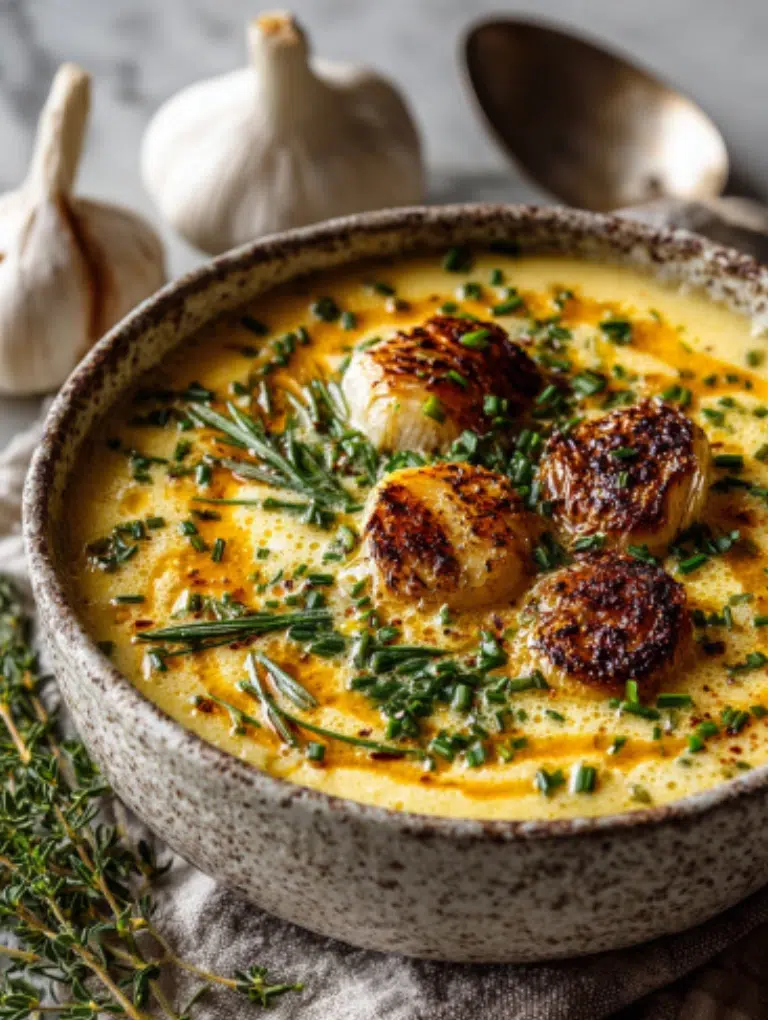 Bread bowls filled with cheddar garlic herb potato soup, topped with crispy bacon, cheddar shavings, and chives, served with garlic toast.
