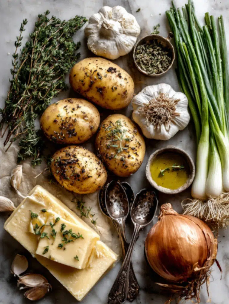 Flat lay of Yukon Gold potatoes, sharp cheddar, roasted garlic, onion, celery, olive oil, and fresh herbs arranged on a marble surface.