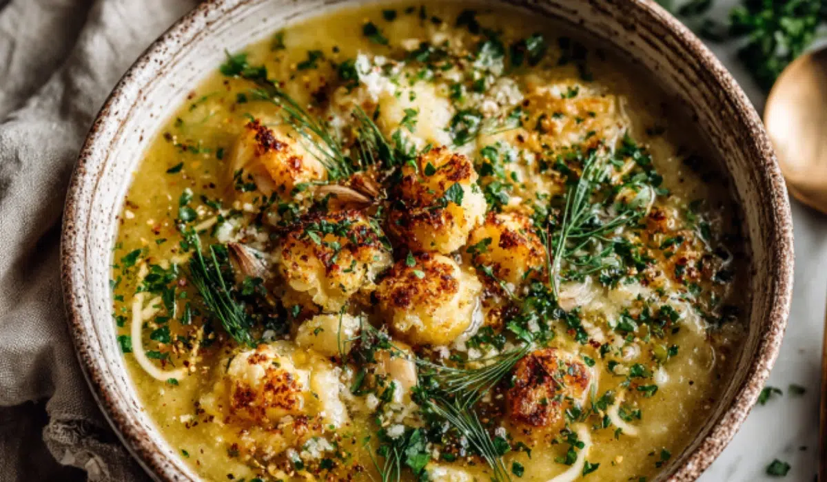 A steaming bowl of creamy cheddar garlic herb potato soup garnished with chives and roasted garlic, served in a rustic ceramic bowl on a marble counter.