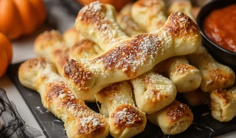 A spooky Halloween party platter of cheesy breadstick bones arranged around a bowl of marinara “blood” dip on a dark marble table.