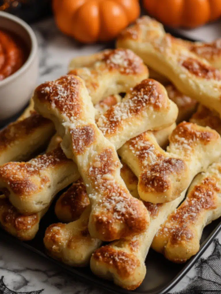 Halloween breadstick bones served warm on a platter with parsley garnish and marinara dipping sauce in the center.