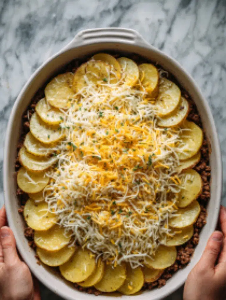 Potato slices layered in a baking dish with ground beef and cheese being added.
