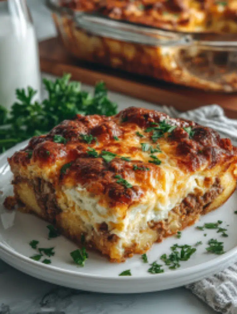 A plated serving of casserole with parsley beside a glass container of leftovers.