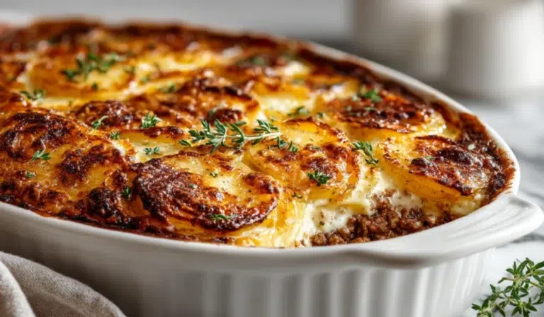 Cheesy Meat & Potato casserole in a white dish with golden melted cheddar bubbling on top.