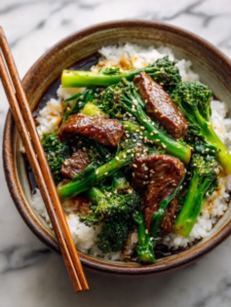 Chinese beef and broccoli served over jasmine rice in a ceramic bowl, topped with sesame seeds and chopsticks on the side.