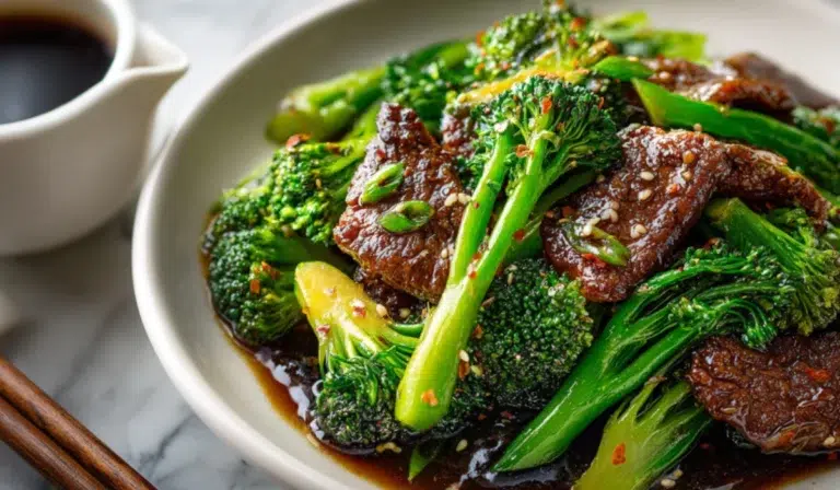 Overhead view of Chinese beef and broccoli stir-fry with glossy sauce and tender beef, served on marble surface with chopsticks.