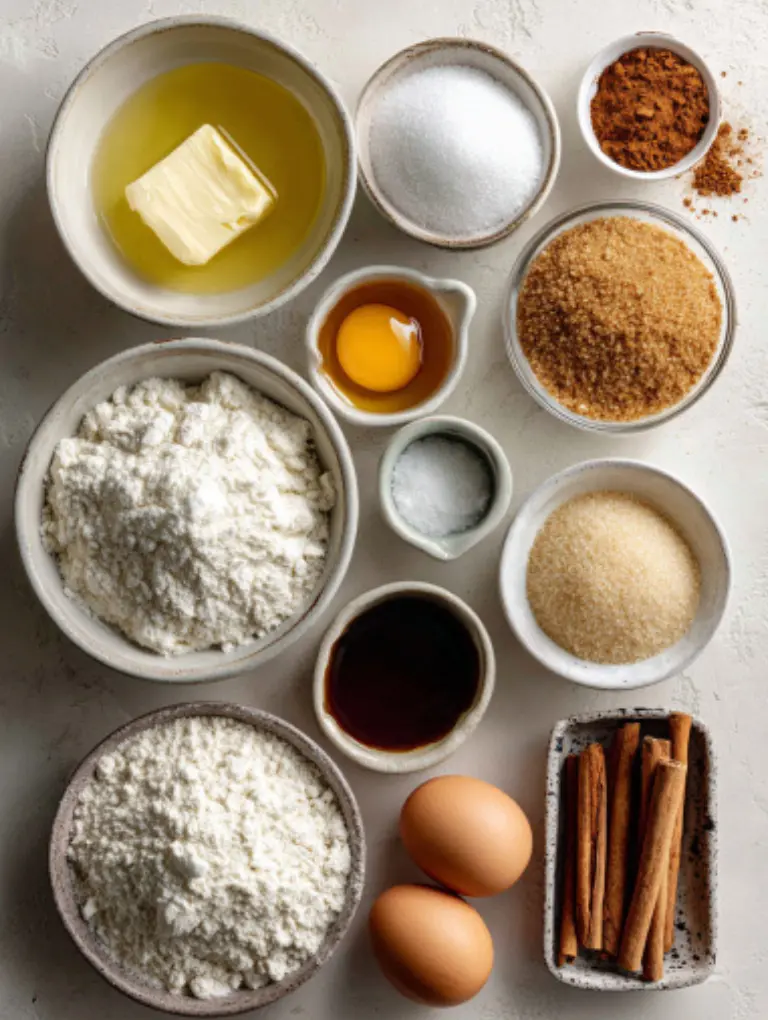 Flat lay of butter, brown sugar, flour, egg, cinnamon, and sugar arranged neatly on marble.