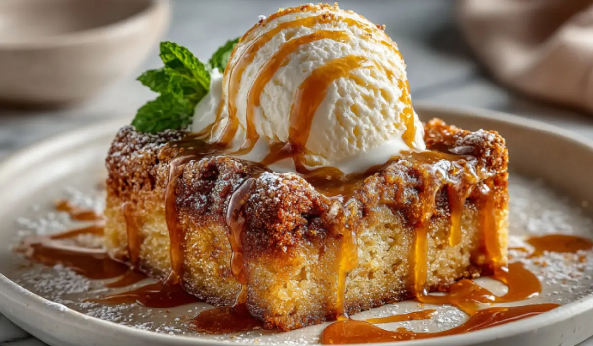 Golden brown cinnamon sugar blondies cut into squares with a crackly sugar crust on a marble surface.