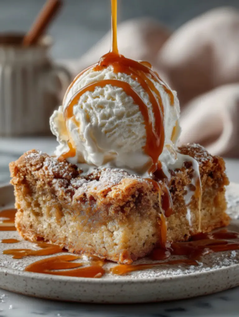 Cinnamon sugar blondie served with a scoop of melting vanilla ice cream and caramel drizzle