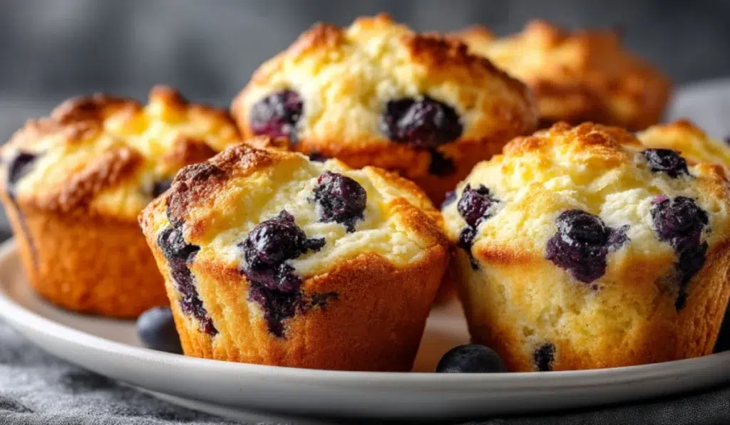 Golden cottage cheese blueberry muffins on a white plate with bursts of juicy blueberries, gray countertop background.
