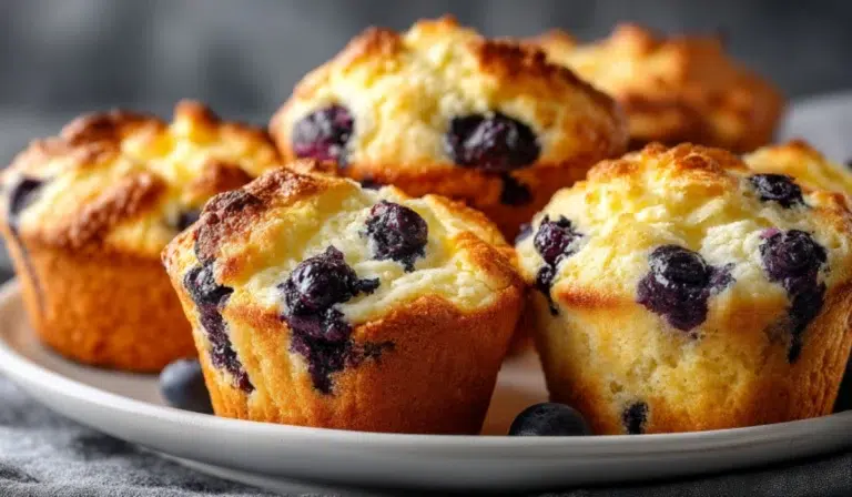 Golden cottage cheese blueberry muffins on a white plate with bursts of juicy blueberries, gray countertop background.