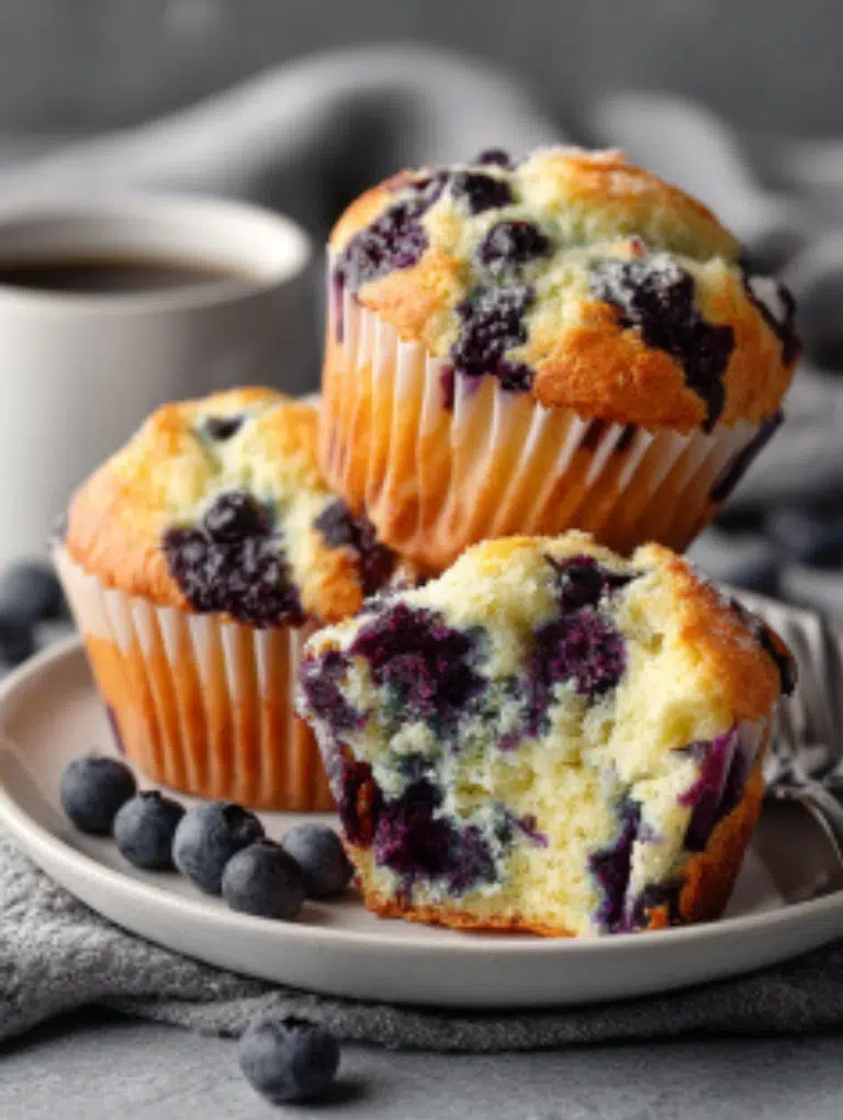 Three baked muffins on a white plate, one muffin cut open to show moist crumb and blueberries, gray countertop background.